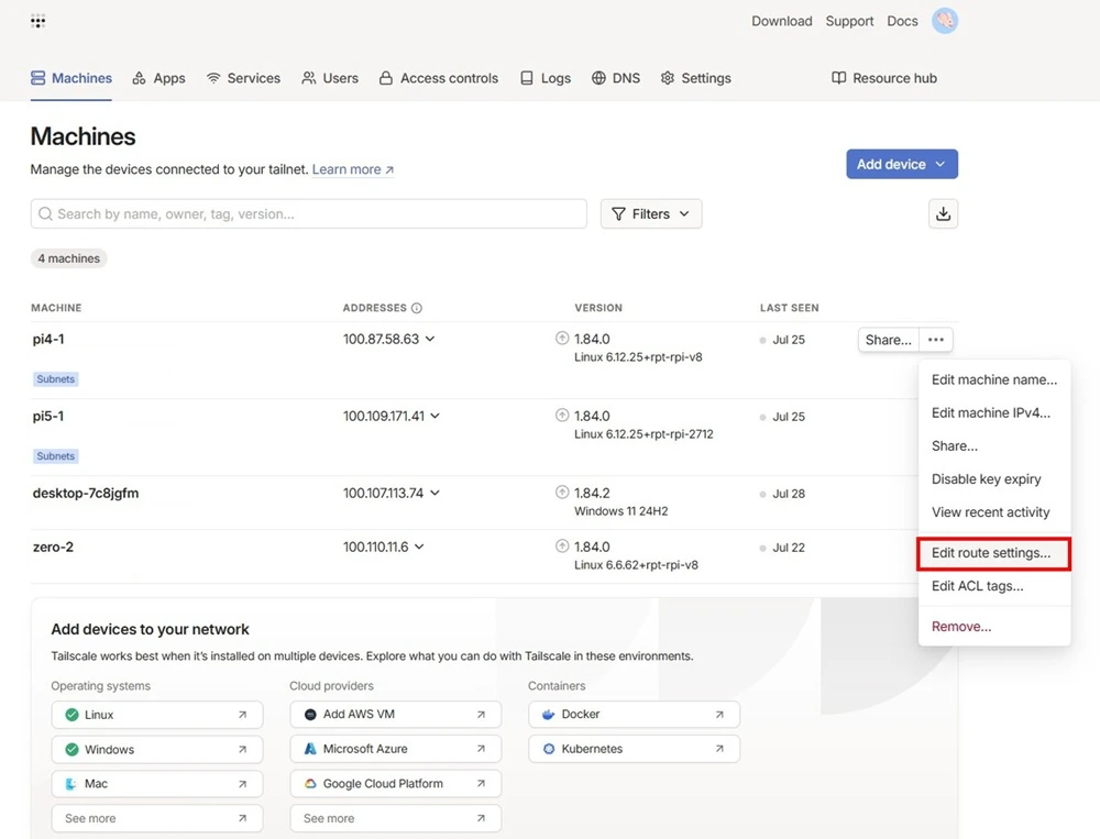 各 Raspberry Pi の右側にあるメニュー（...）から Edit route settings... を選択する