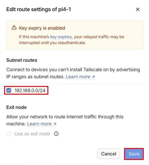 サブネットルートにチェックを入れて、保存ボタンを押す